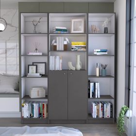 June 3 Piece Home Bookcase set, 60" Wide with 13 Shelves and 2-door Cabinet , Living Room Set Matt Gray / White