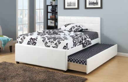 Twin Size Bed w/ Trundle Slats White Faux Leather Upholstered Plywood Kids Youth Bedroom Furniture Wooden Slats 1pc Bed