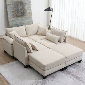 [VIDEO provided][New]Wide Seat Corduroy Modular Sectional Sofa Bed,Sleeper Couch Set with Armrest Pillow,6 Seat Free Combination Sofa with Ottomans