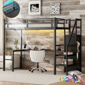 Twin XL Size Loft Bed with L-shaped Desk and USB, Metal Loft Bed with Wardrobe and Adjustable Shelf, High Loft Bed with LED for Kids Teens Adults
