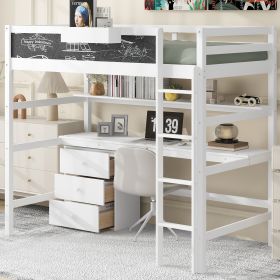 Wood Twin Size Loft Bed with Desk, Blackboard, Storage Box, Shelf and 3 Drawers, White