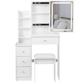 Small Size Left Bedside Cabinet Vanity Table + Cushioned Stool, Touch Control Sliding LED Mirror, Tri-color Switching, Brightness Adjust, Multi Layer