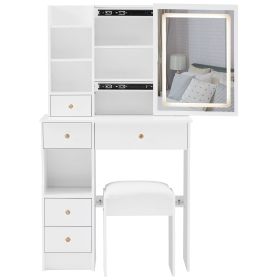 Small Size Left Drawer Desktop Vanity Table + Cushioned Stool, Touch Control Sliding LED Mirror, Tri-color Switching, Brightness Adjust, Multi Layer