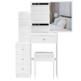 Small Size Left Bedside Cabinet Vanity Table + Cushioned Stool, Extra Large Sliding Mirror, Multi Layer, High Capacity Storage Fashionable Dresser (Color: as Pic)
